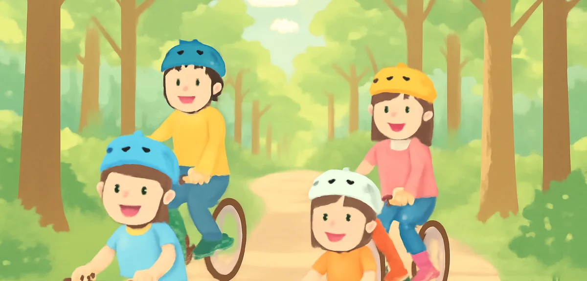 Karuizawa forest road with cycling family, tall larch trees, cool highland atmosphere, children wear