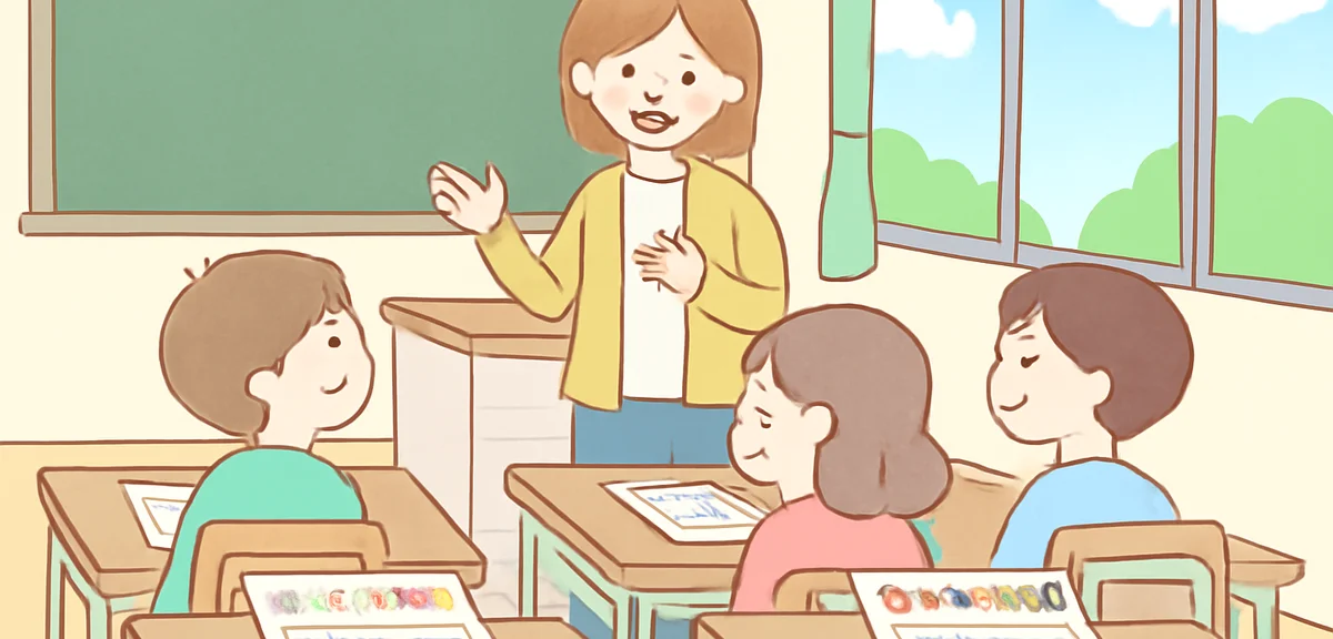 Japanese classroom in summer with students sitting at desks, teacher speaking in front, summer homew