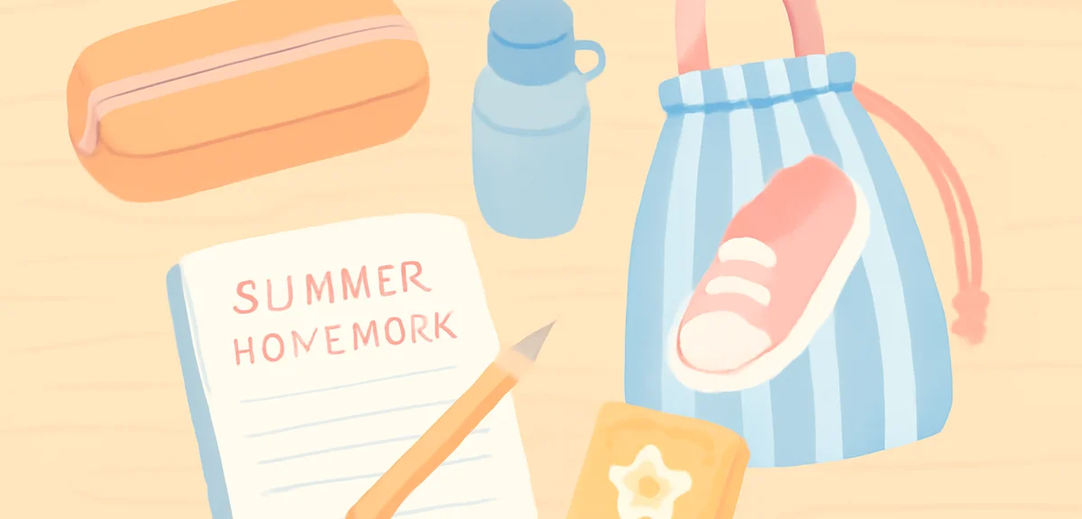 Desk with summer homework notebook, pencil case, indoor shoes bag, water bottle, and handkerchief ne