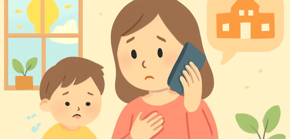 Parent making a phone call to school on a summer morning at home, concerned expression, communicatin