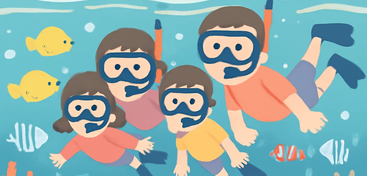 Junior high school students snorkeling with parents in clear blue ocean in Okinawa, tropical fish, s