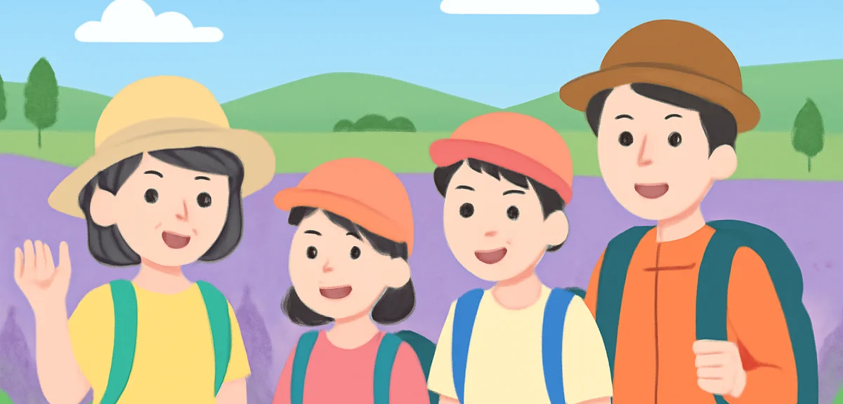 Japanese family hiking in Hokkaido lavender field during summer, wide landscape, blue sky, happy tee