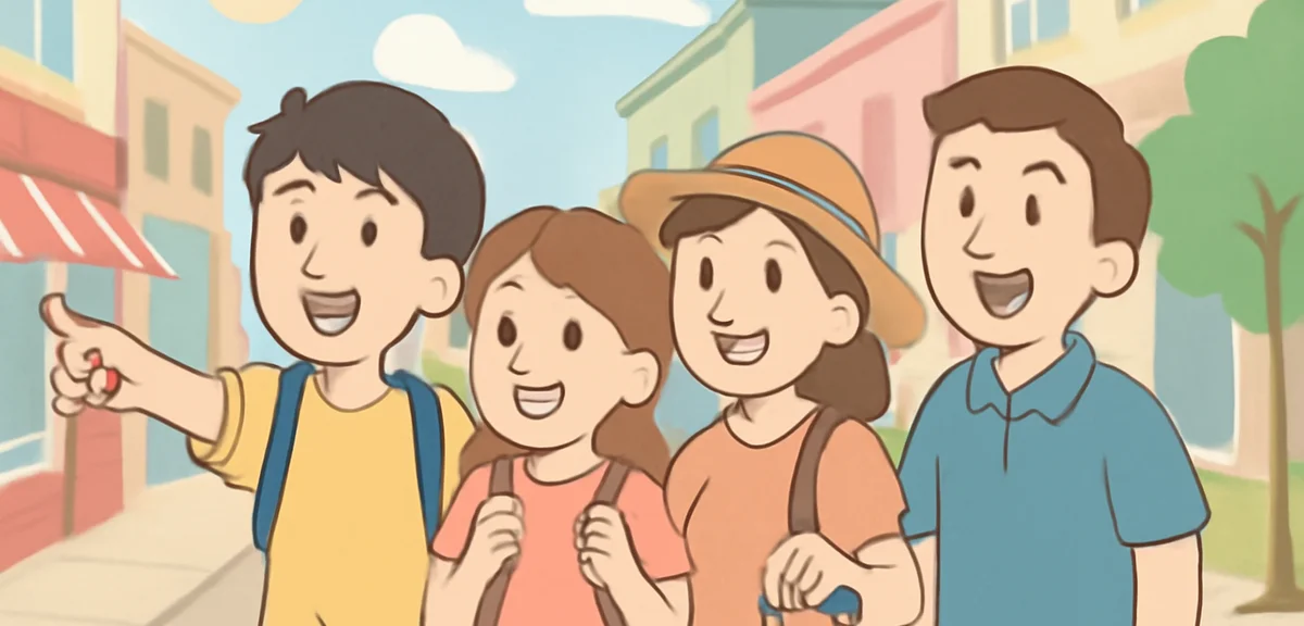 Teenagers exploring a foreign city with family during summer, shopping street abroad, excited expres