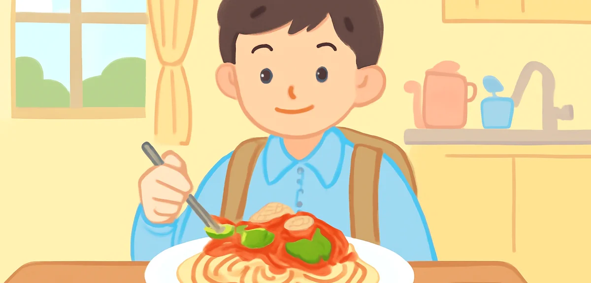 Simple pasta dish with tomato sauce, tuna, and basil in a white plate, quick lunch for junior high s