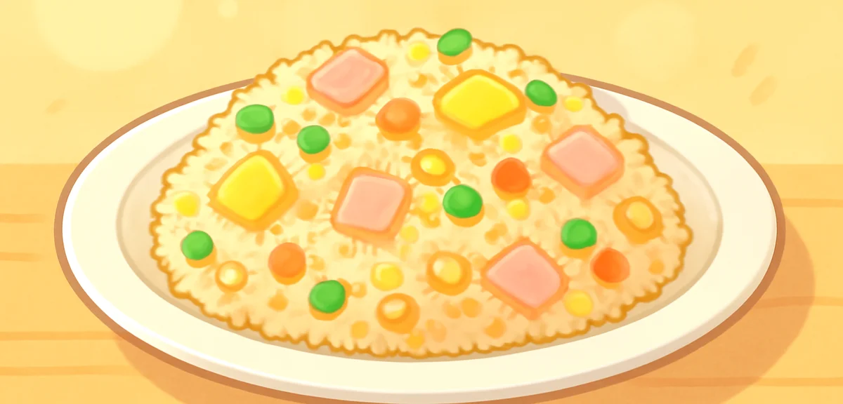 Colorful fried rice with eggs, ham, and mixed vegetables served on a casual plate, easy summer lunch