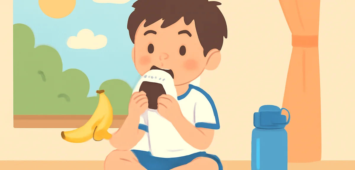 Japanese junior high school student in sportswear refueling with onigiri and a banana after club act