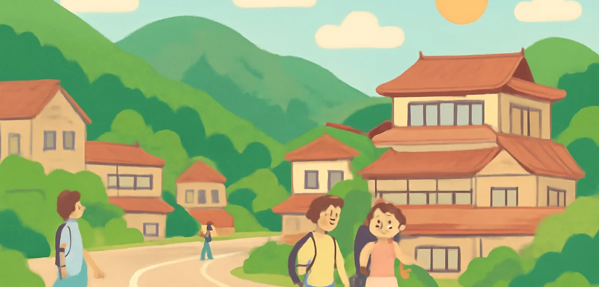 Hakone onsen town in summer, traditional ryokan buildings, green mountains, tourists walking, warm s