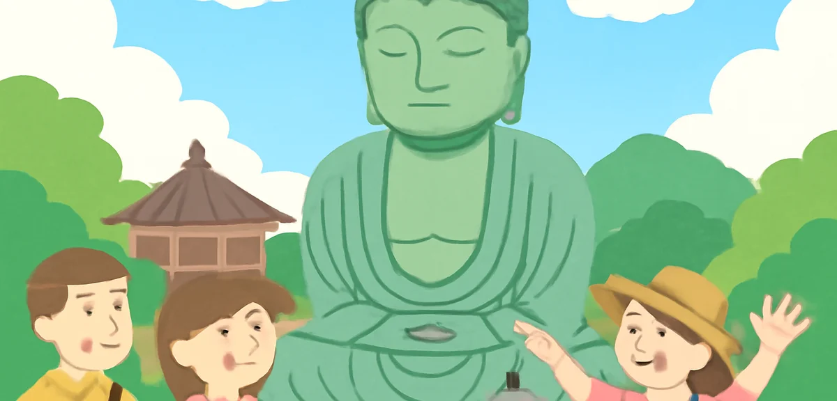 Kamakura Great Buddha statue with summer blue sky, historic temple, tourists visiting, bright daylig