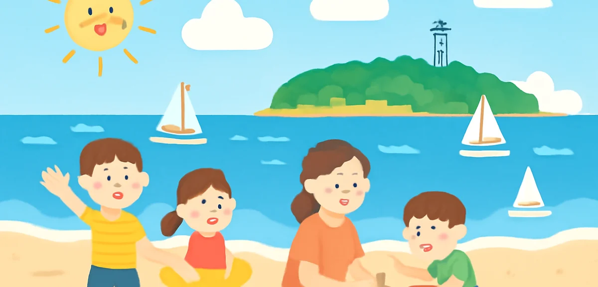 Enoshima island beach view in summer, blue ocean, sailboats, families enjoying seaside, bright sunny