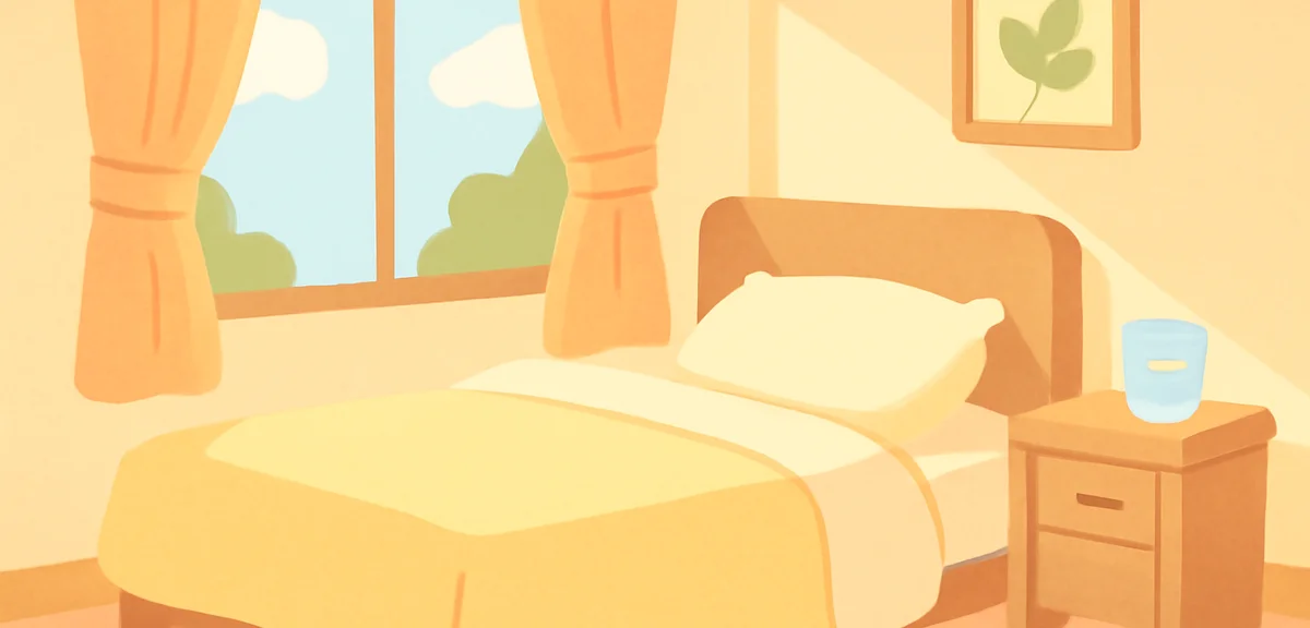 A tidy bedroom in soft morning light with curtains half open, a glass of water on the nightstand, pe