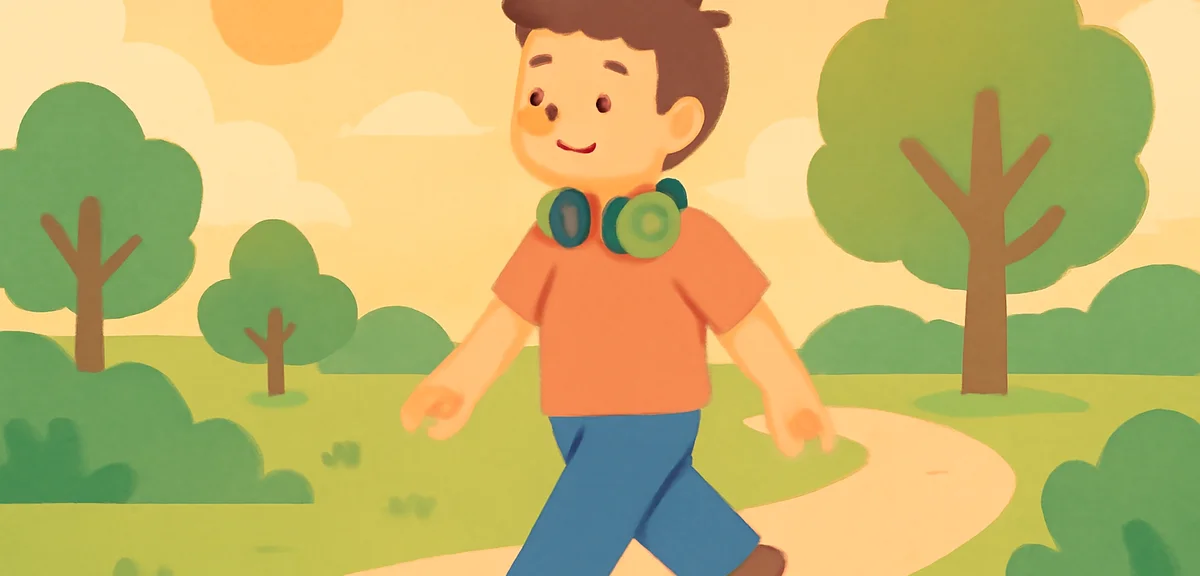 A person walking in a green park in the early evening with golden hour light, relaxed pace, headphon