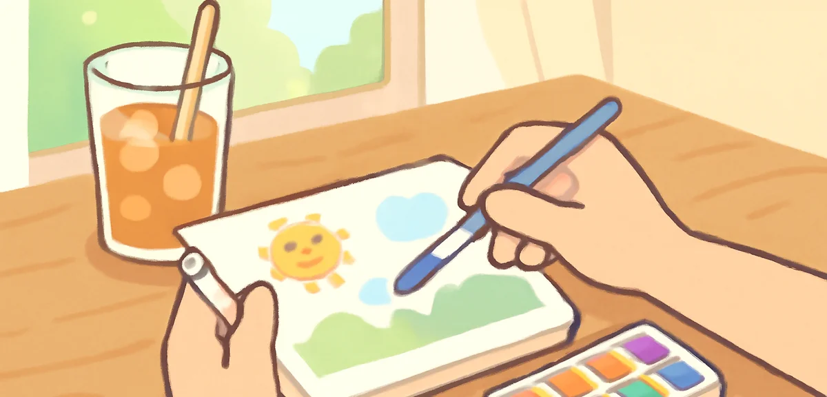 Hands painting watercolor in a small notebook on a wooden desk, iced tea beside, natural light from 