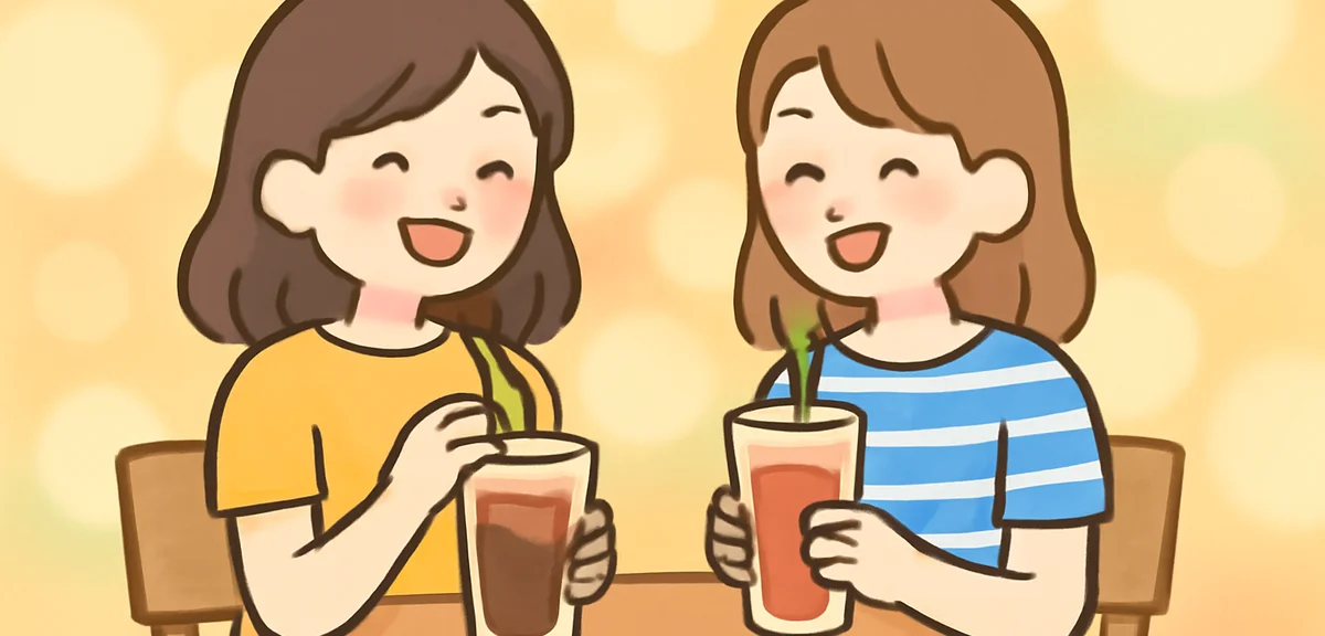 Two friends having iced drinks at a cafe, laughing softly, summer outfits, warm and comforting atmos