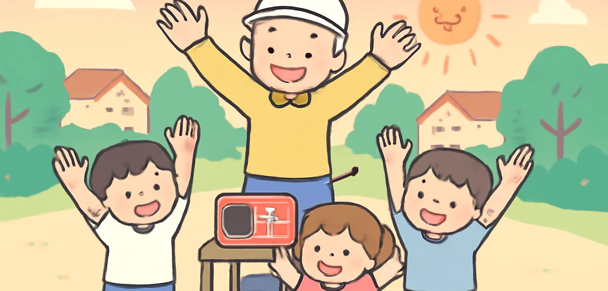 An elderly leader guiding kids through radio calisthenics in a neighborhood park at dawn, summer mor