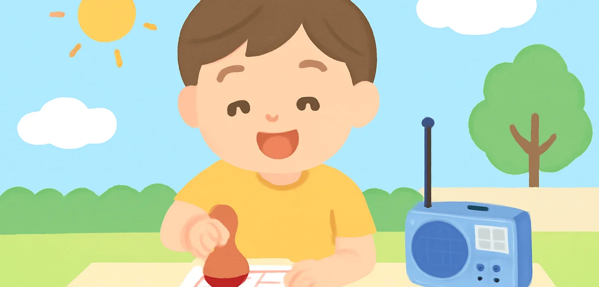 A child stamping a radio exercise card with a smile, summer holiday morning scene