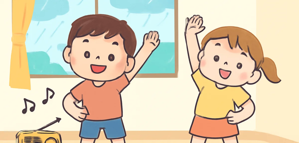 Rainy summer morning, children doing radio exercises indoors at a community center
