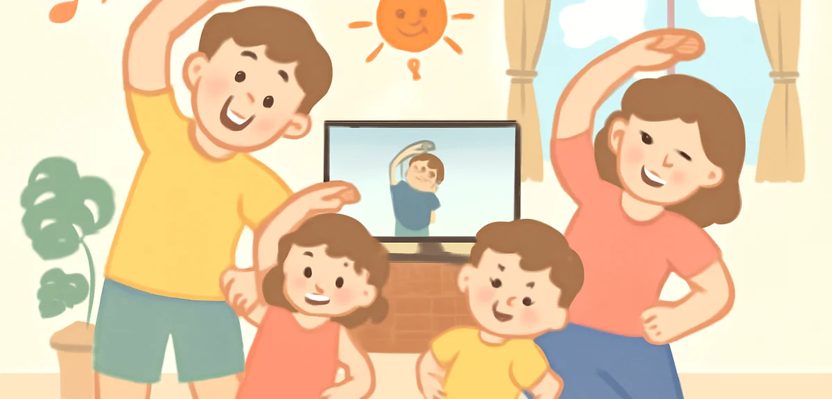 Family doing radio exercises together at home with TV broadcast in the background, summer holiday