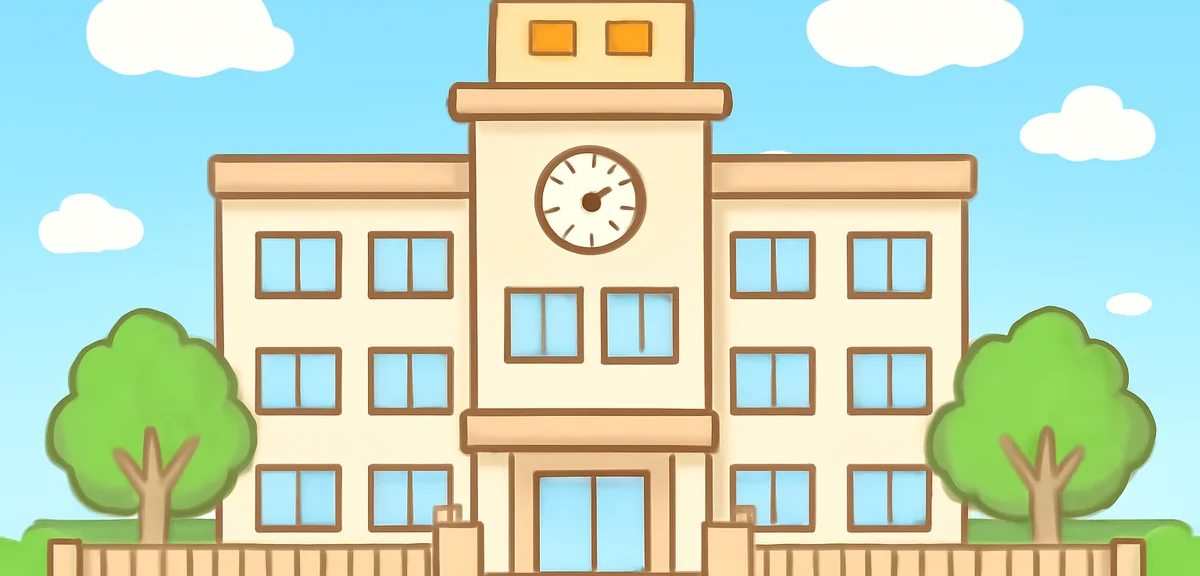 Tokyo elementary school building exterior in summer, clear sky, photorealistic