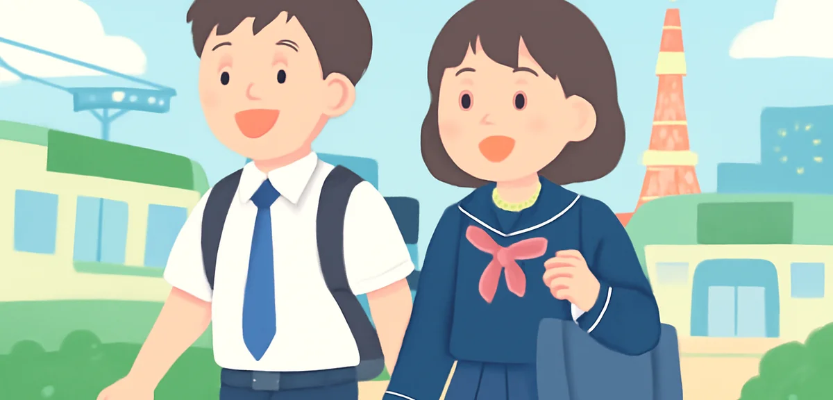 Tokyo private school students in uniform walking near station, summer
