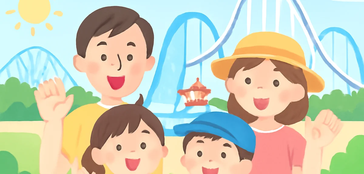 Family with children enjoying summer vacation at a large theme park in Tokai region Japan with rolle