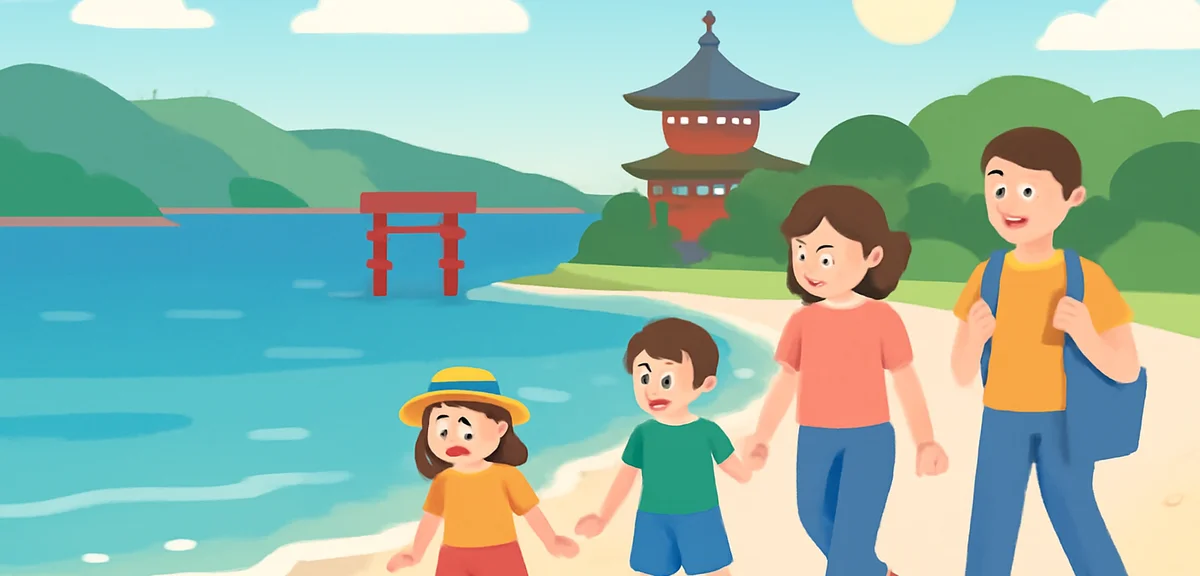 Beautiful Ise-Shima coastline with families walking along the white sandy beach, traditional Japanes