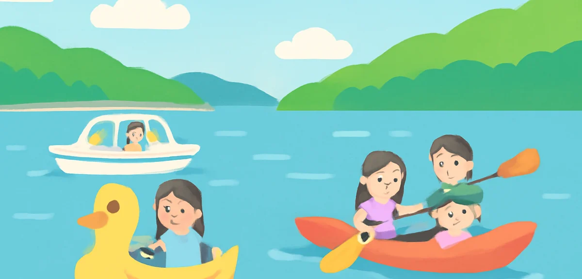 Lake Hamana with pleasure boats and families enjoying water activities, green hills in background, p