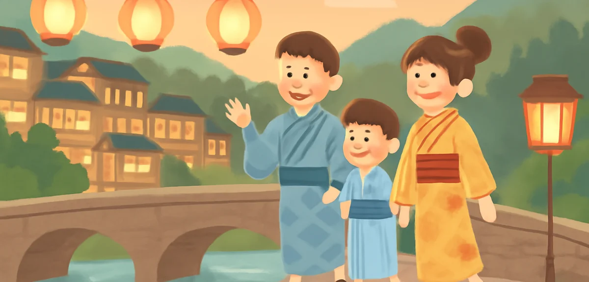 Gero Onsen traditional hot spring town in Gifu prefecture, families in yukata walking on stone bridg