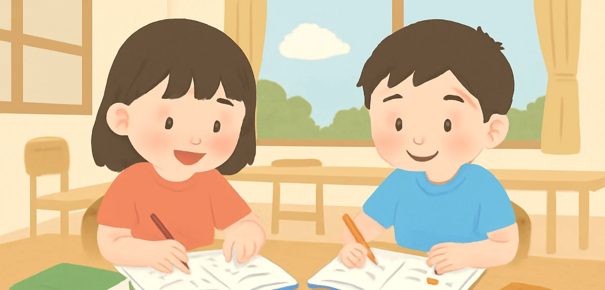 Japanese elementary school children doing summer homework at a long table inside a public after-scho