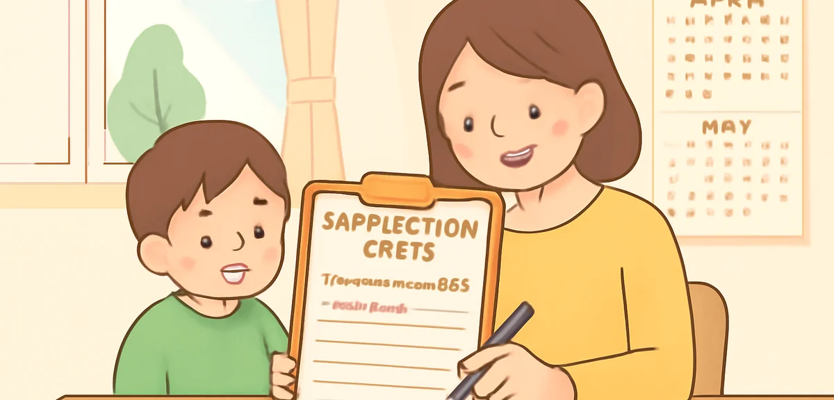 Parent filling out an application form for summer-only after-school care at home, calendar showing A