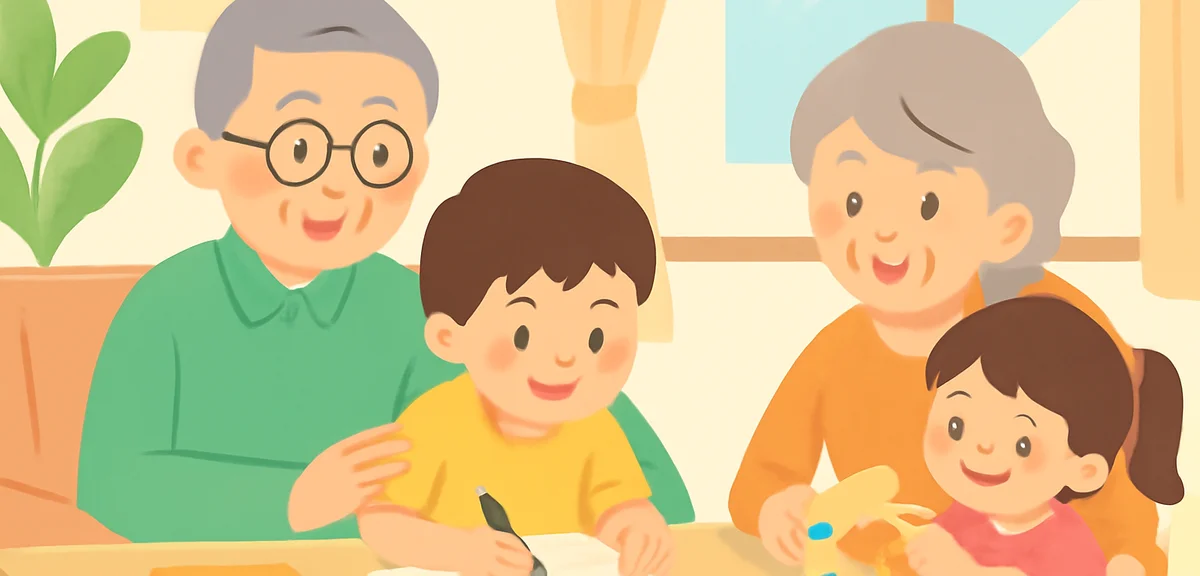 Grandparents and grandchildren spending summer vacation together at home, doing homework and crafts,