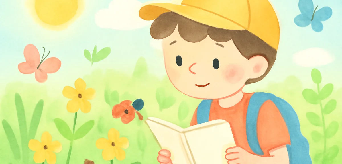 A young elementary student looking curiously at plants and insects in a sunny garden, holding a note