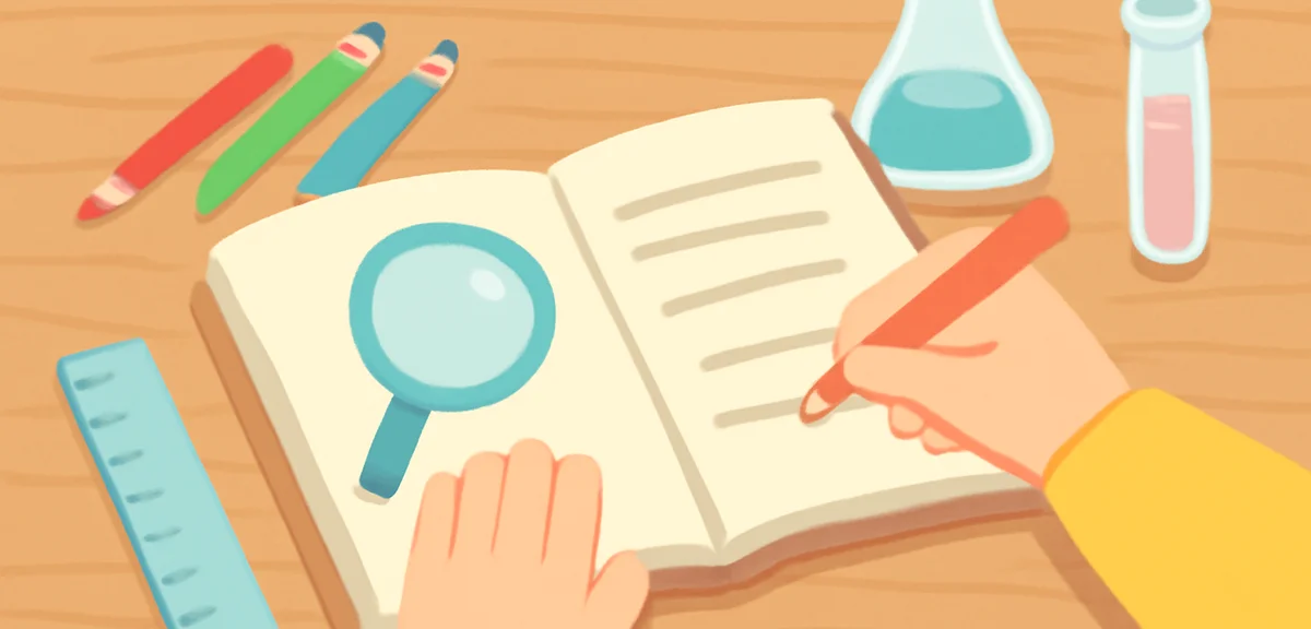 Close-up of a child's hands writing notes in a research notebook with colored pencils, ruler, and si