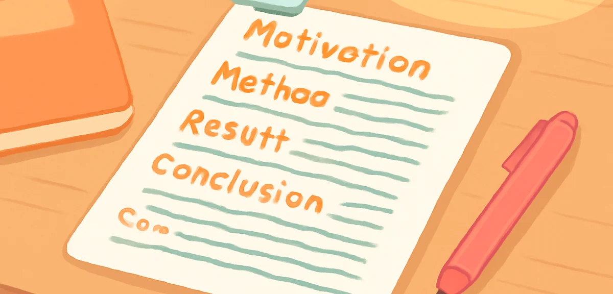 An organized research report on a desk showing handwritten sections like motivation, method, result,