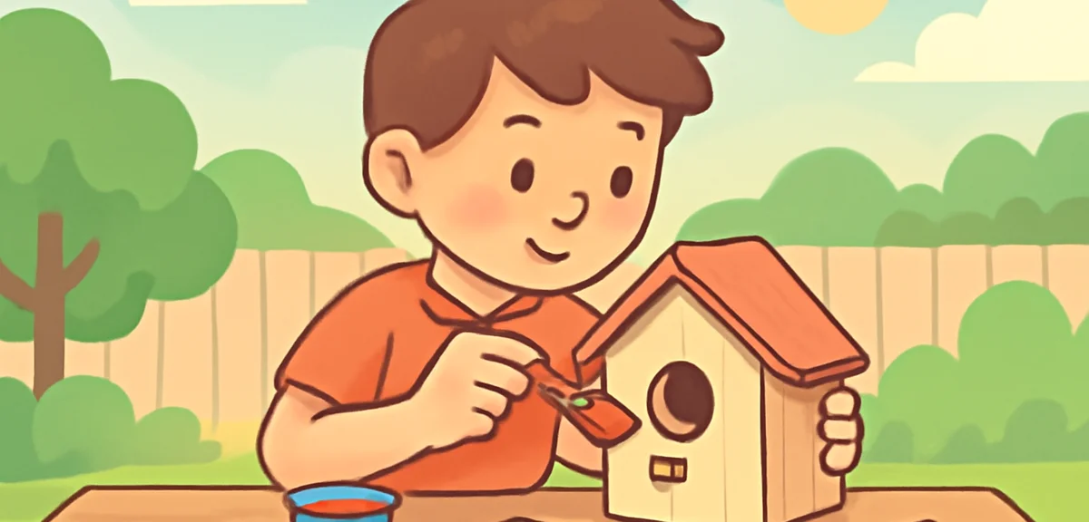 A young boy carefully painting a wooden birdhouse on a backyard table during summer, focused express