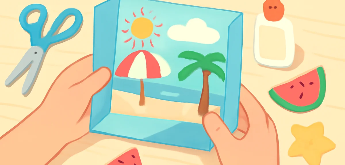 Close-up of a child's hands assembling a colorful paper diorama featuring summer scenes, scissors an