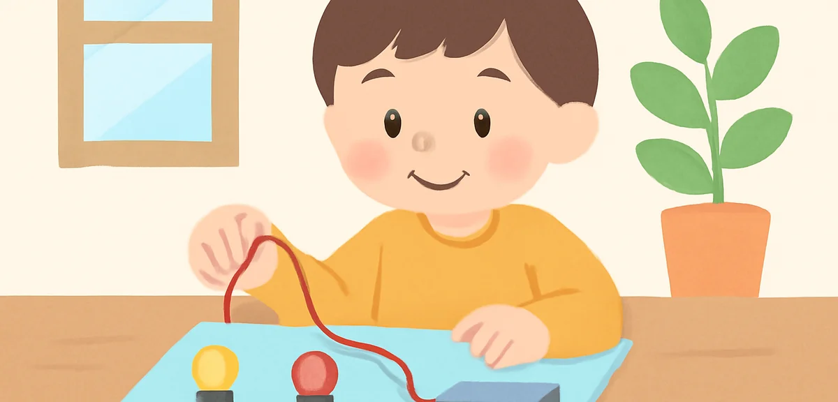 Upper elementary student designing an electric circuit craft with LED lights and wires on a desk, sc