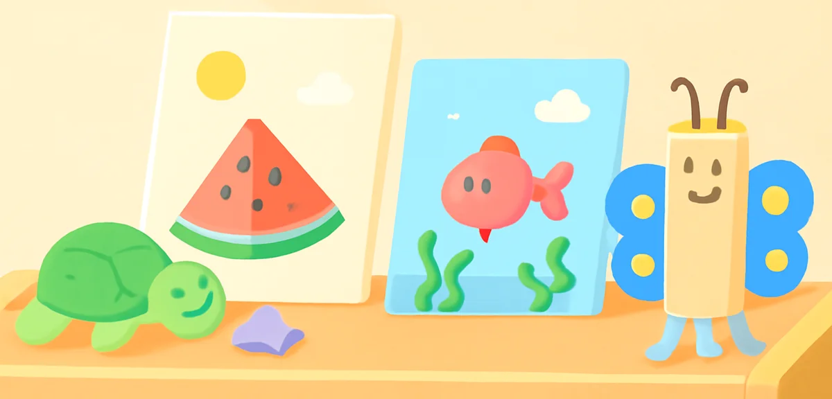 Finished summer craft works displayed on a classroom shelf including paintings, clay sculptures and 
