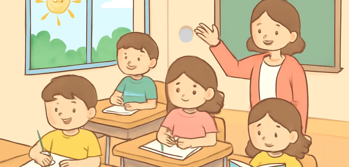 A classroom in session during summer with students studying, year-round school, photorealistic