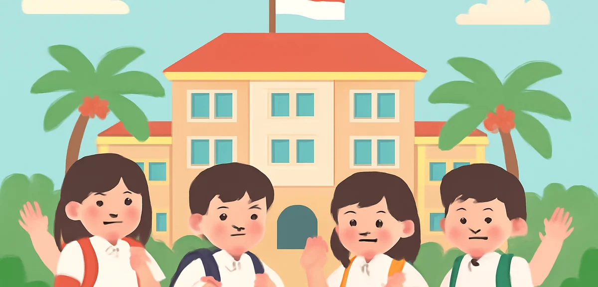 Singapore school building with students, tropical climate, photorealistic