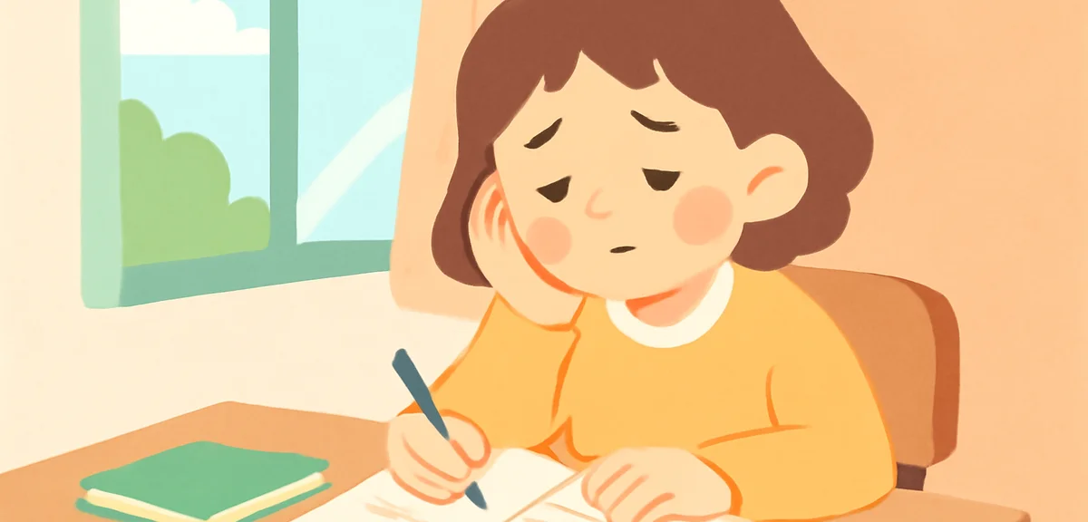 A young student at a desk with an open notebook, looking tired but trying to focus, soft natural lig