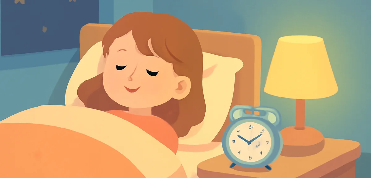 A calm bedroom scene at night with a small bedside lamp, an alarm clock set for early morning, cozy 