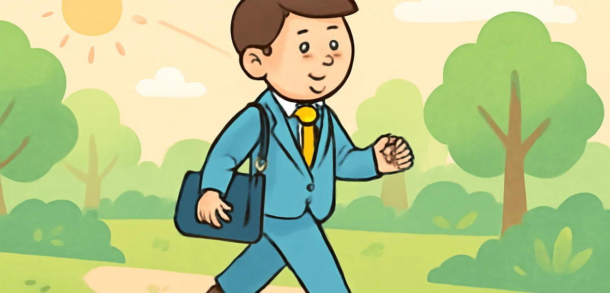 An office worker walking outside in a park during morning, light exercise, fresh greenery, gentle su