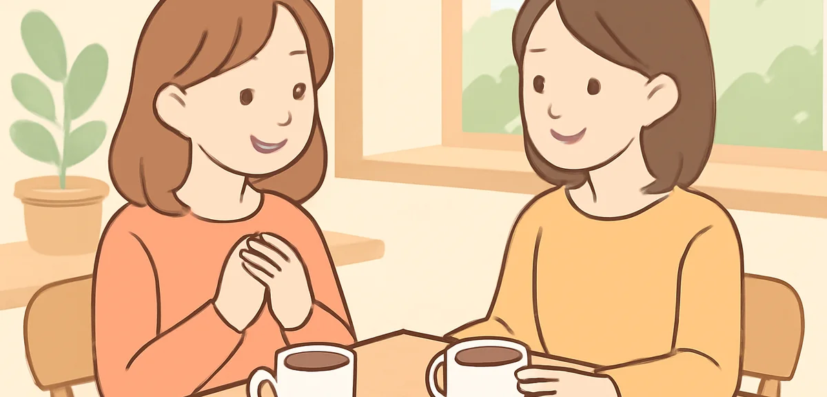 A warm conversation between two people at a quiet cafe, supportive and listening expression, soft na