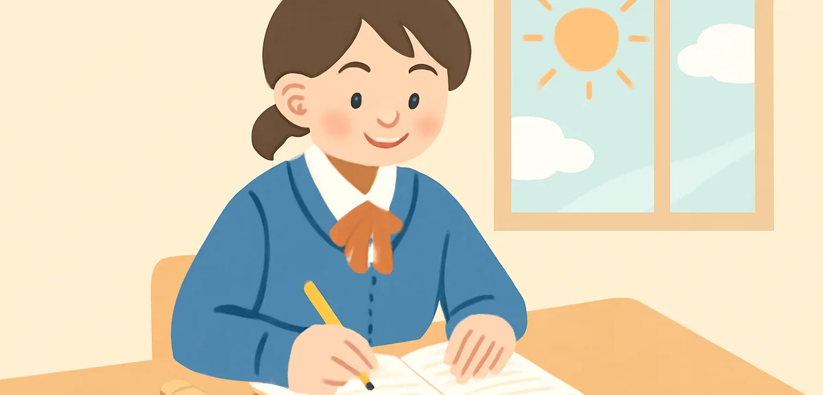 Junior high school student writing summer goals in notebook, pencil and ruler on desk, bright mornin