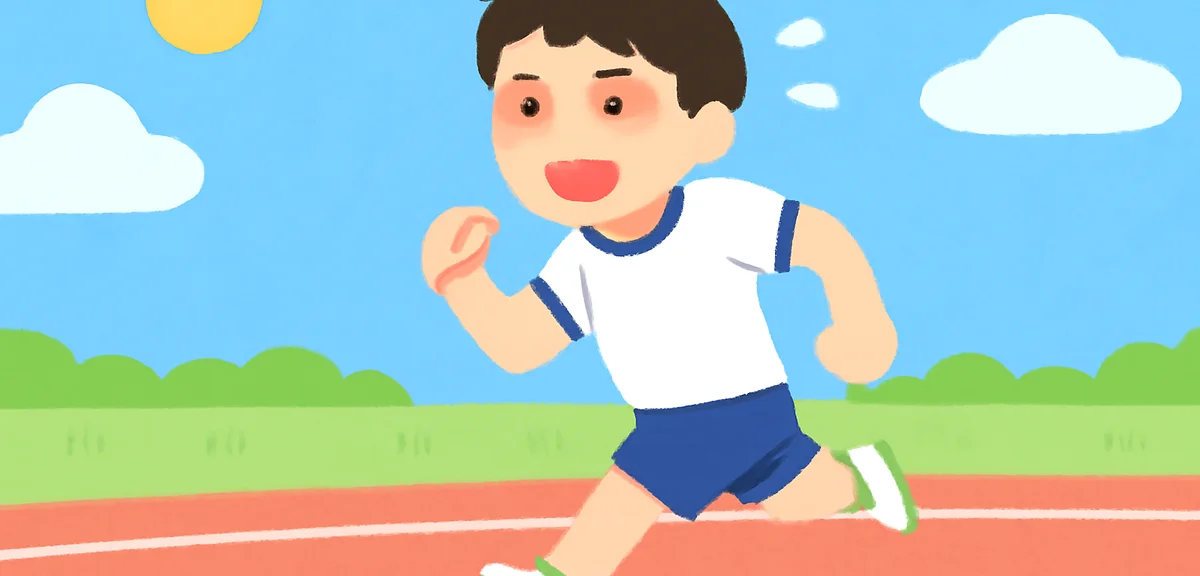 Japanese junior high student running on athletic track in summer, training for club activity, blue s