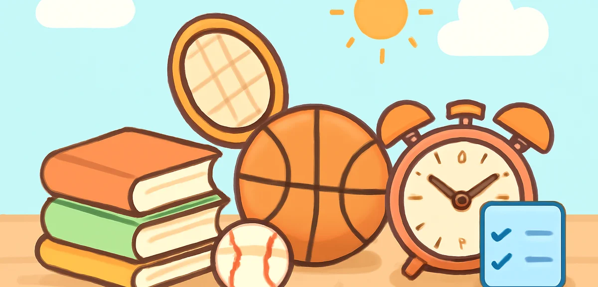 Three pillars concept illustration showing study books, sports equipment, and daily routine icons on