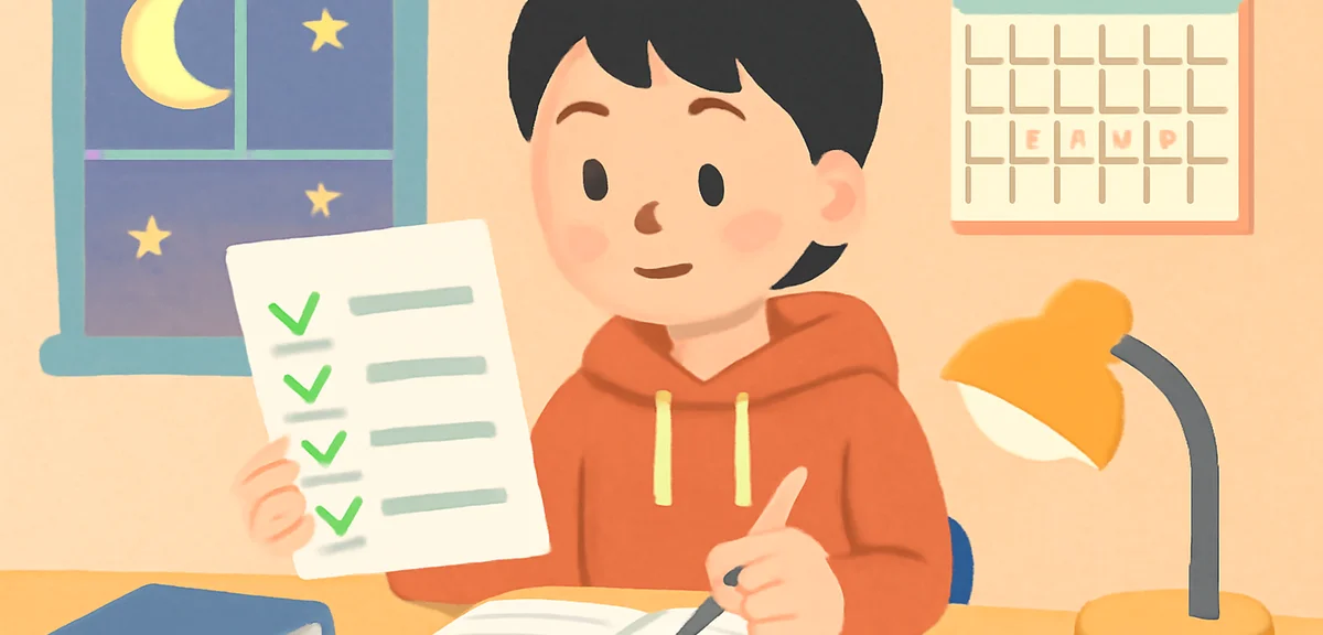 Junior high school student reviewing weekly progress sheet with checkmarks, calendar on wall, evenin