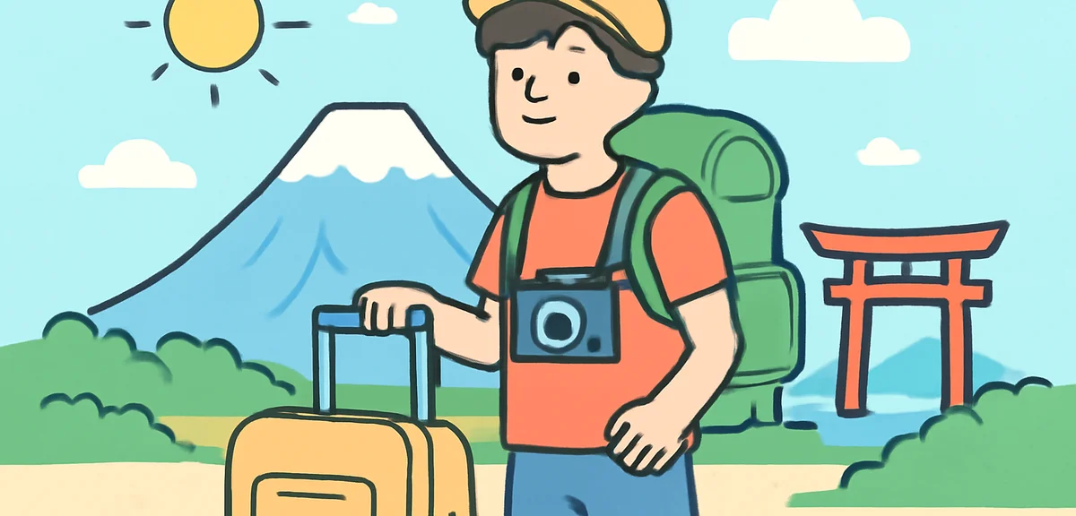 University student backpacker traveling in Japan during summer, suitcase and camera, sunny day, illu