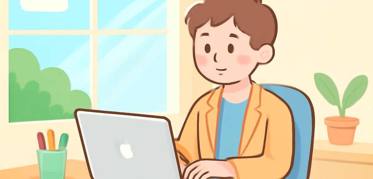 Young intern working at a modern office desk with laptop, summer light through windows, illustration