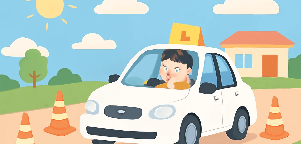 Driving school camp in summer, student practicing driving on a course, blue sky, illustration